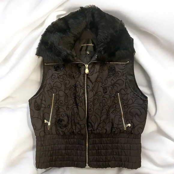 Beyoncé RARE House of Dereon Black Beaded Vest with Removable Rabbit Fur Collar - Picture 2 of 12